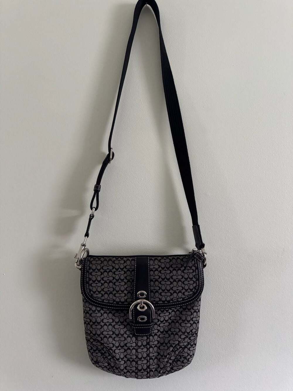 COACH Soho Signature C Jacquard Buckle Flap Crossbody Bag Black Gray 44718
